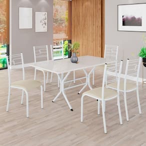 Conjunto Sala de Jantar Mesa Retangular 140x75cm Tampo Madeira Mdp Off White 6 Cadeiras Paraty Creme / Branco