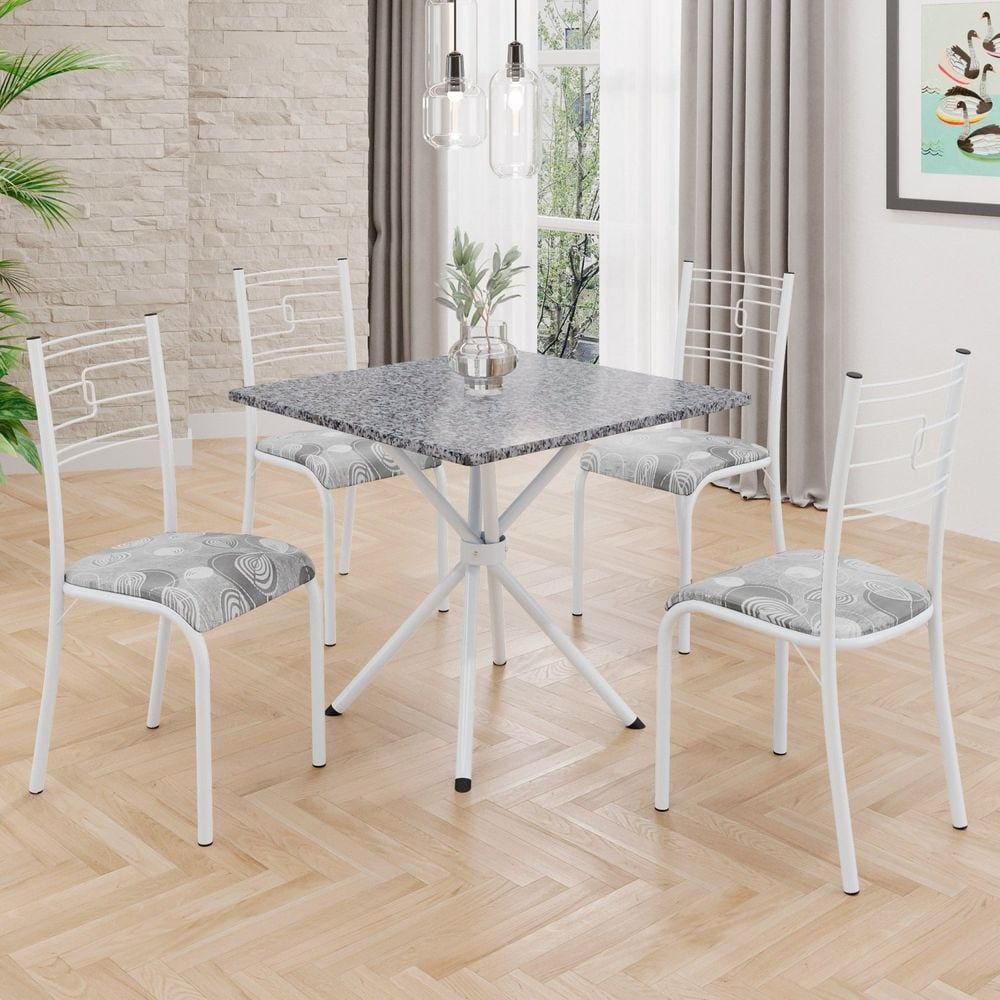 Conjunto Sala de Jantar Mesa Quadrada 70x70cm Tampo Granito Ocre 4 Cadeiras Paraty Paraopeba / Branco