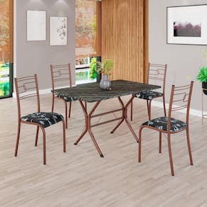 Conjunto Sala de Jantar Mesa Retangular 100x60cm Tampo Pedra Ardósia Indiana 4 Cadeiras Paraty Preto Floral / Marrom