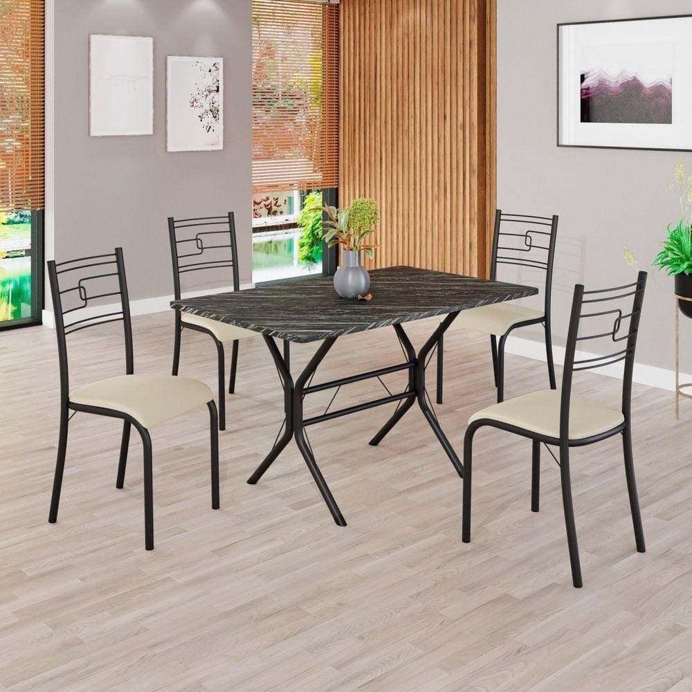 Conjunto Sala de Jantar Mesa Retangular 100x60cm Tampo Madeira Mdp Ardósia Indiana 4 Cadeiras Paraty Creme / Preto Fosco