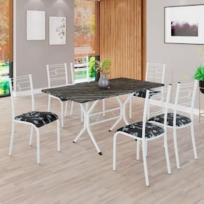 Conjunto Sala de Jantar Mesa Retangular 140x75cm Tampo Madeira Mdp Ardósia Indiana 6 Cadeiras Paraty Preto Floral / Branco
