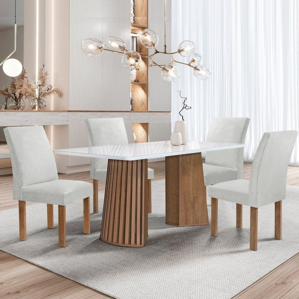 Conjunto Mesa Stella Ripada 120cm com 4 Cadeiras Canela Tampo Smart Plus com Vidro Chocolate/Off White/Boucle Gelo