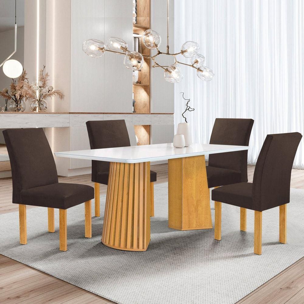 Conjunto Mesa Stella Ripada 120cm com 4 Cadeiras Canela Tampo Smart Plus com Vidro Cinamomo/Off White/Veludo Marrom