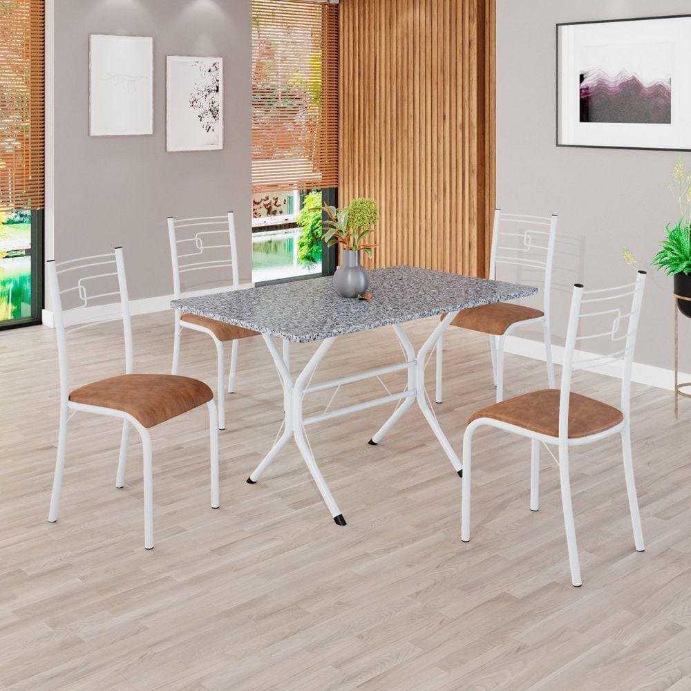 Conjunto Sala de Jantar Mesa Retangular 100x60cm Tampo Granito Ocre 4 Cadeiras Paraty C. Marrom / Branco
