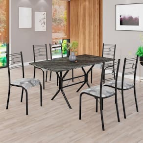 Conjunto Sala de Jantar Mesa Retangular 140x75cm Tampo Pedra Ardósia Indiana 6 Cadeiras Paraty Paraopeba/ Preto Fosco