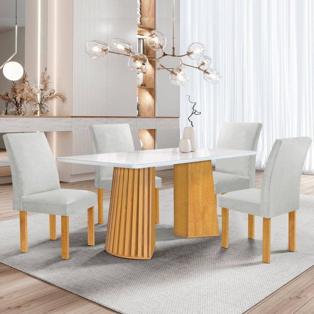 Conjunto Mesa Stella Ripada 120cm com 4 Cadeiras Canela Tampo Smart Plus com Vidro Cinamomo/Off White/Boucle Gelo