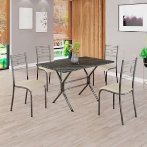 Conjunto Sala de Jantar Mesa Retangular 100x60cm Tampo Pedra Ardósia Indiana 4 Cadeiras Paraty Creme / Mart Prata