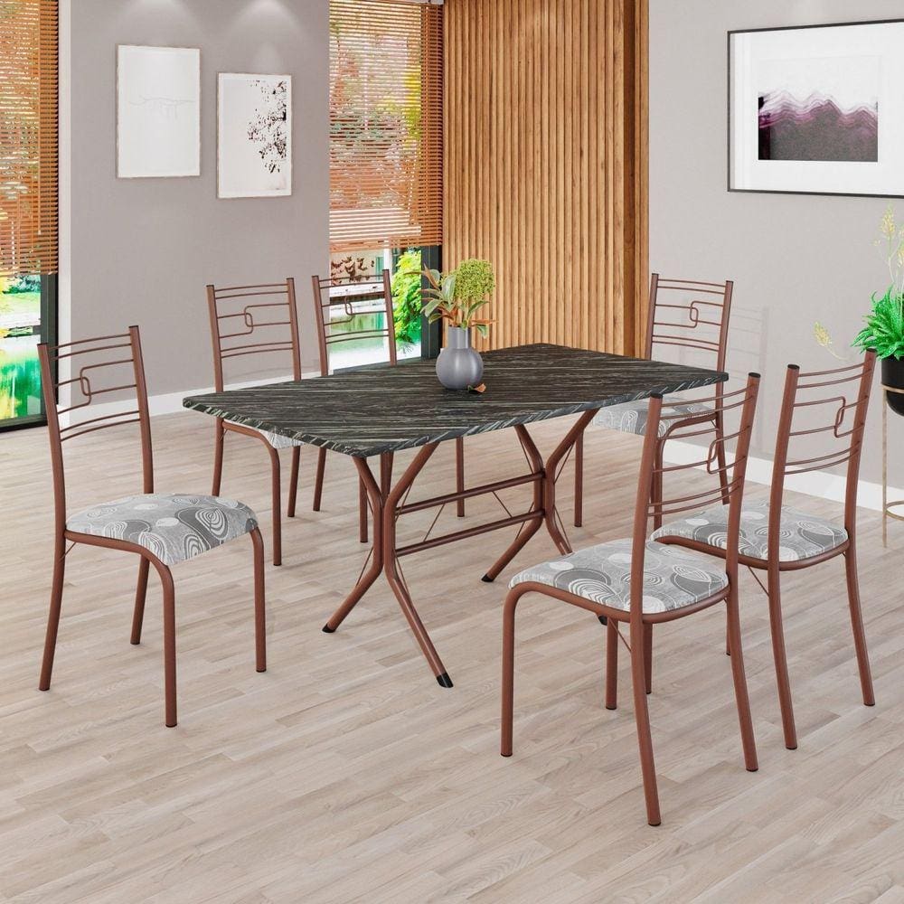 Conjunto Sala de Jantar Mesa Retangular 140x75cm Tampo Madeira Mdp Ardósia Indiana 6 Cadeiras Paraty Paraopeba / Marrom