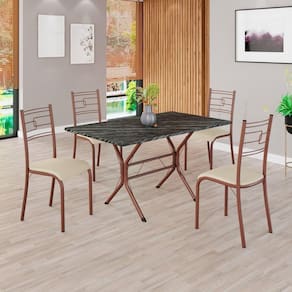 Conjunto Sala de Jantar Mesa Retangular 120x75cm Tampo Pedra Ardósia Indiana 4 Cadeiras Paraty Creme / Marrom