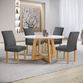 Conjunto Mesa Arizona 120cm com 4 Cadeiras Canela Tampo Redondo Plus com Vidro Cinamomo/Off White/Veludo Cinza