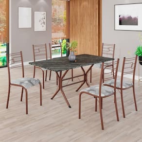 Conjunto Sala de Jantar Mesa Retangular 140x75cm Tampo Pedra Ardósia Indiana 6 Cadeiras Paraty Paraopeba / Marrom