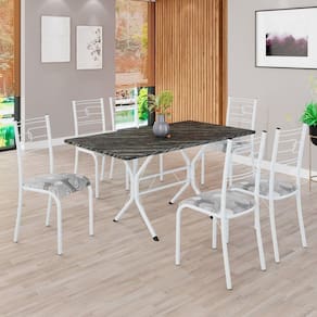 Conjunto Sala de Jantar Mesa Retangular 140x75cm Tampo Pedra Ardósia Indiana 6 Cadeiras Paraty Paraopeba/Branco
