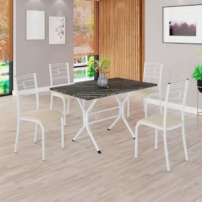 Conjunto Sala de Jantar Mesa Retangular 100x60cm Tampo Pedra Ardósia Indiana 4 Cadeiras Paraty Creme / Branco