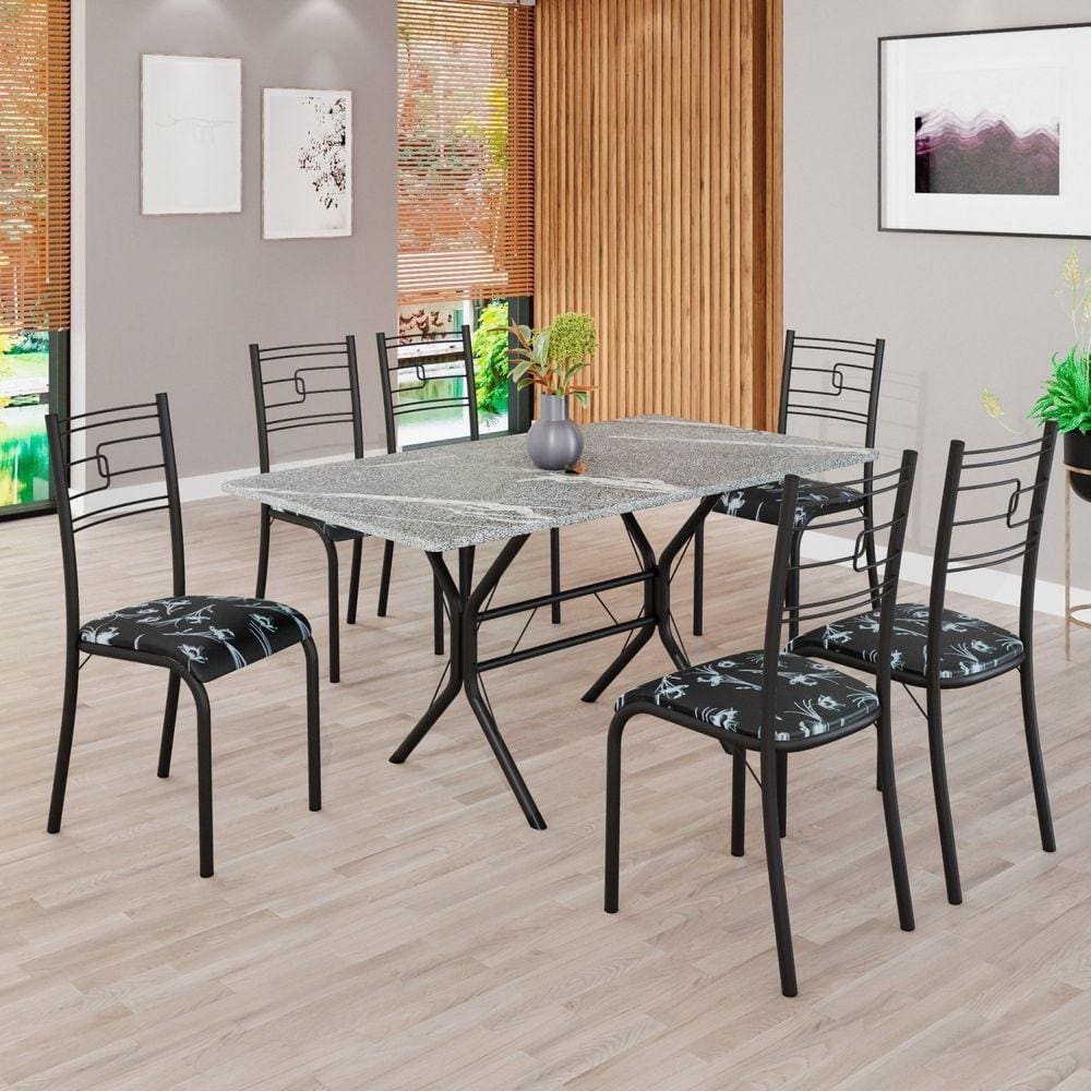 Conjunto Sala de Jantar Mesa Retangular 140x75cm Tampo Granito Topázio 6 Cadeiras Paraty Preto Floral / Preto Fosco