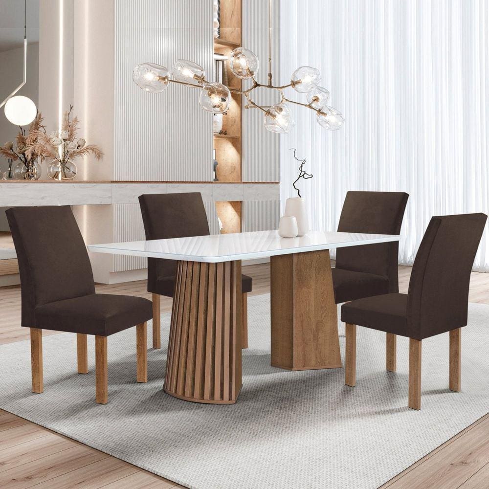 Conjunto Mesa Stella Ripada 120cm com 4 Cadeiras Canela Tampo Smart Plus com Vidro Chocolate/Off White/Veludo Marrom