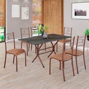 Conjunto Sala de Jantar Mesa Retangular 140x75cm Tampo Pedra Ardósia Indiana 6 Cadeiras Paraty C. Marrom / Marrom