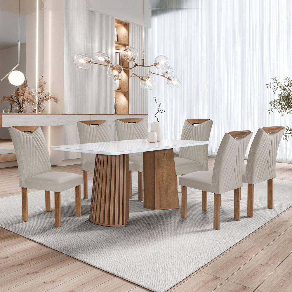Conjunto Mesa Stella Ripada 170cm com 6 Cadeiras Stella Tampo Smart Plus com Vidro Chocolate/Off White/Veludo Bege Claro