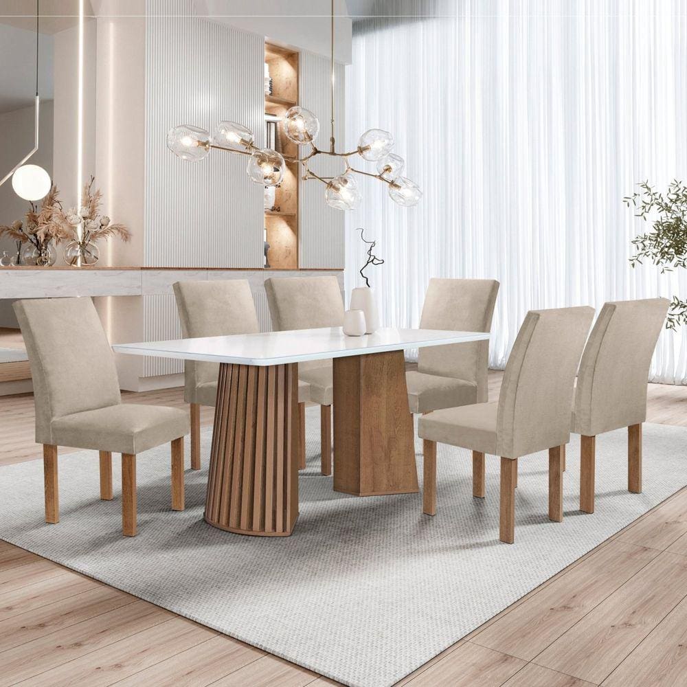 Conjunto Mesa Stella Ripada 170cm com 6 Cadeiras Canela Tampo Smart Plus com Vidro Chocolate/Off White/Boucle Bege