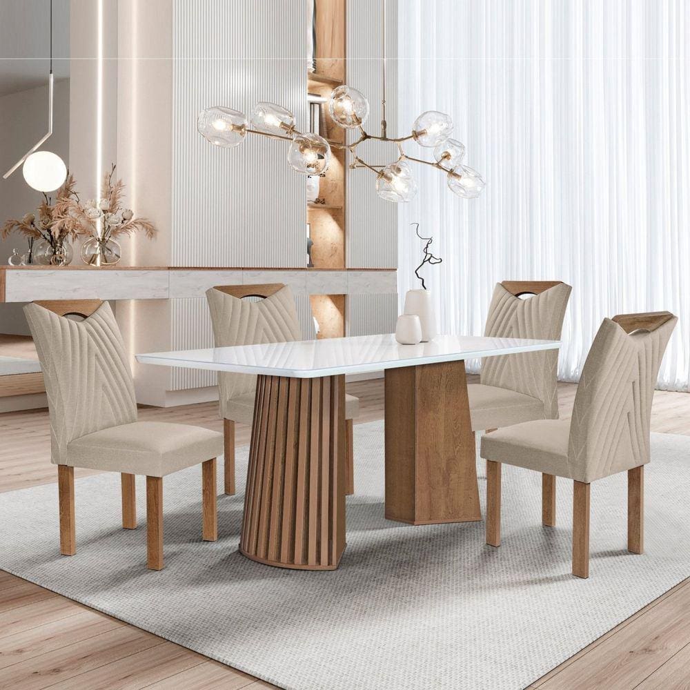 Conjunto Mesa Stella Ripada 120cm com 4 Cadeiras Stella Tampo Smart Plus com Vidro Chocolate/Off White/Boucle Bege