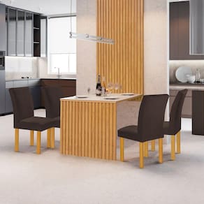 Conjunto Mesa Bella Ripada 120cm com 4 Cadeiras Canela Tampo Bella com Vidro Cinamomo/Off White/Veludo Marrom