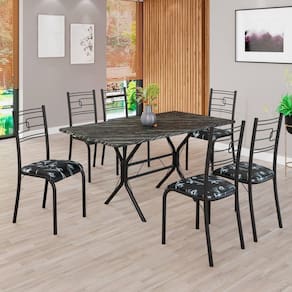 Conjunto Sala de Jantar Mesa Retangular 140x75cm Tampo Madeira Mdp Ardósia Indiana 6 Cadeiras Paraty Preto Floral / Preto Fosco