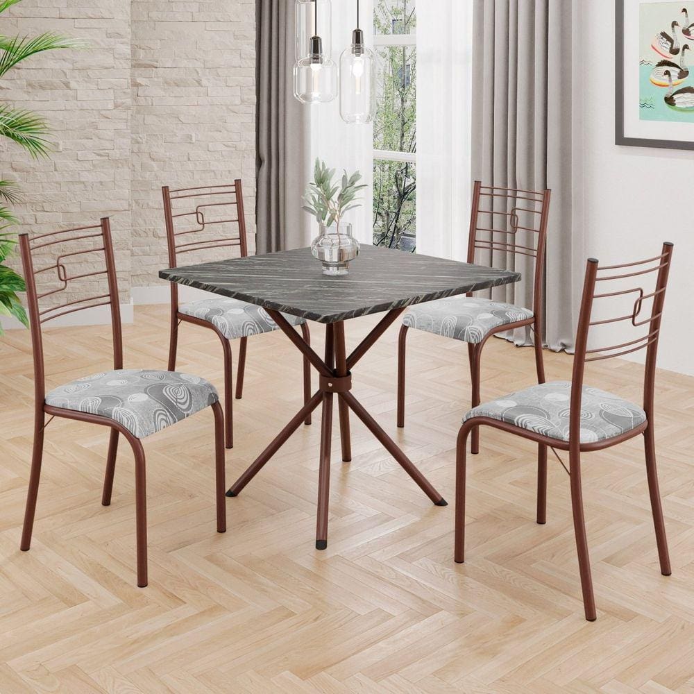 Conjunto Sala de Jantar Mesa Quadrada70x70cm Tampo Ardósia Indiana 4 Cadeiras Paraty Paraopeba / Marrom