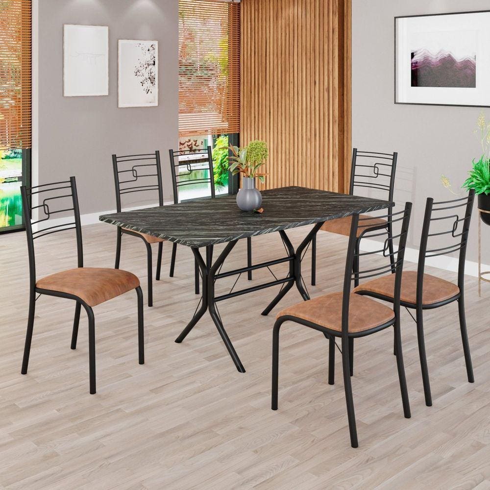 Conjunto Sala de Jantar Mesa Retangular 140x75cm Tampo Madeira Mdp Ardósia Indiana 6 Cadeiras Paraty C. Marrom / Preto Fosco