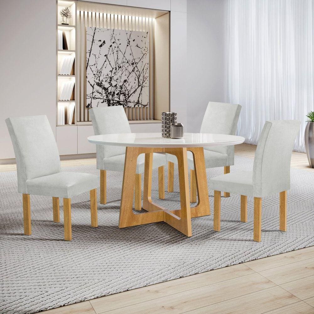 Conjunto Mesa Arizona 120cm com 4 Cadeiras Canela Tampo Redondo Plus com Vidro Cinamomo/Off White/Boucle Gelo