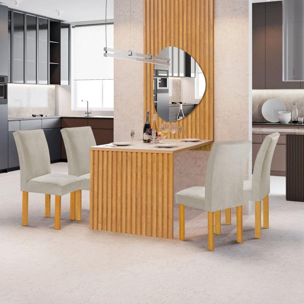 Conjunto Mesa Bella Ripada 120cm com Painel Espelhado Tampo Bella com Vidro 4 Cadeiras Canela Cinamomo/Off White/Veludo Bege Claro