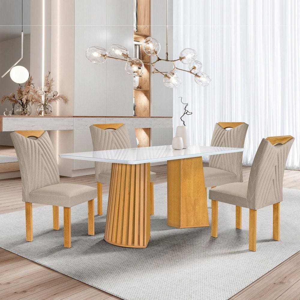 Conjunto Mesa Stella Ripada 120cm com 4 Cadeiras Stella Tampo Smart Plus com Vidro Cinamomo/Off White/Boucle Bege