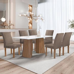 Conjunto Mesa Stella Ripada 170cm com 6 Cadeiras Canela Tampo Smart Plus com Vidro Chocolate/Off White/Veludo Bege Escuro