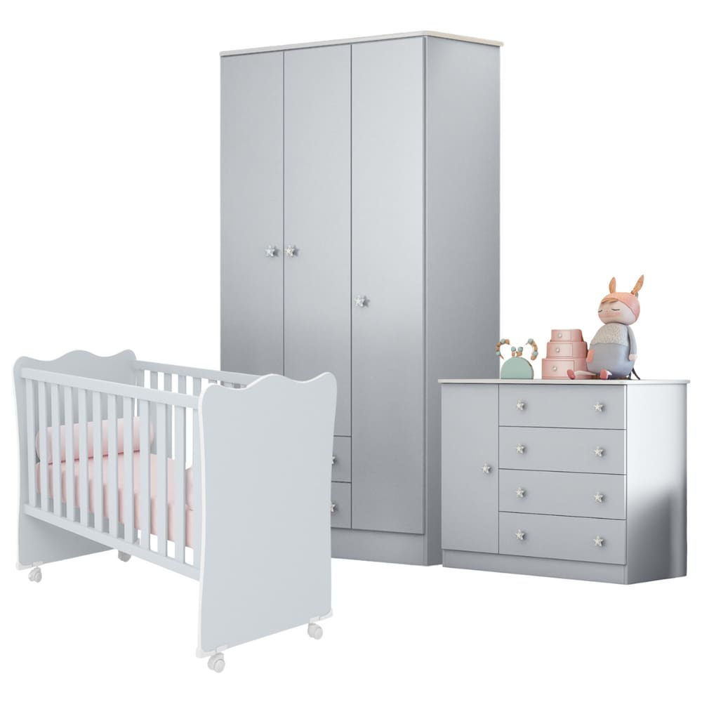 Conjunto Quarto de Bebê Completo México Cinza Acetinado