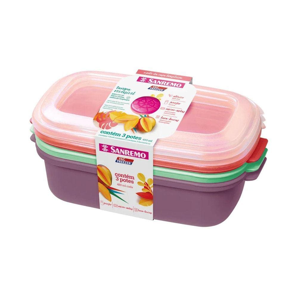 Potes Plástico Freezer Alimentos 1.1 L Sanremo Kit C/3 Pçs