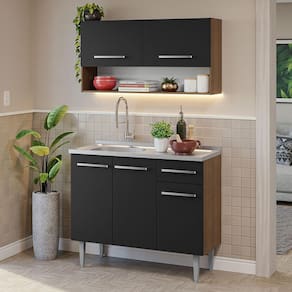 Armário de Cozinha Compacta 105cm com Pia Rustic/Preto Emilly Madesa 04