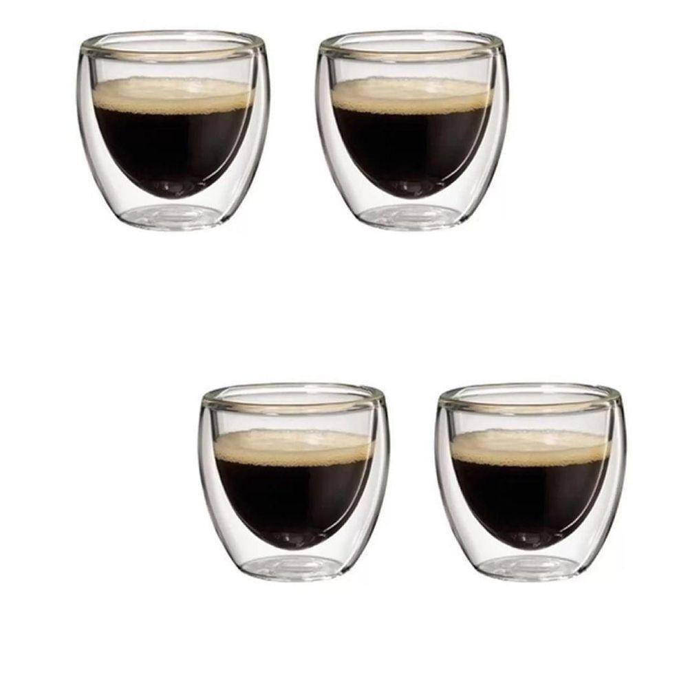 Quatro Copos Em Vidro Borosilicato Duplo, Cafe Cha, 80 Ml
