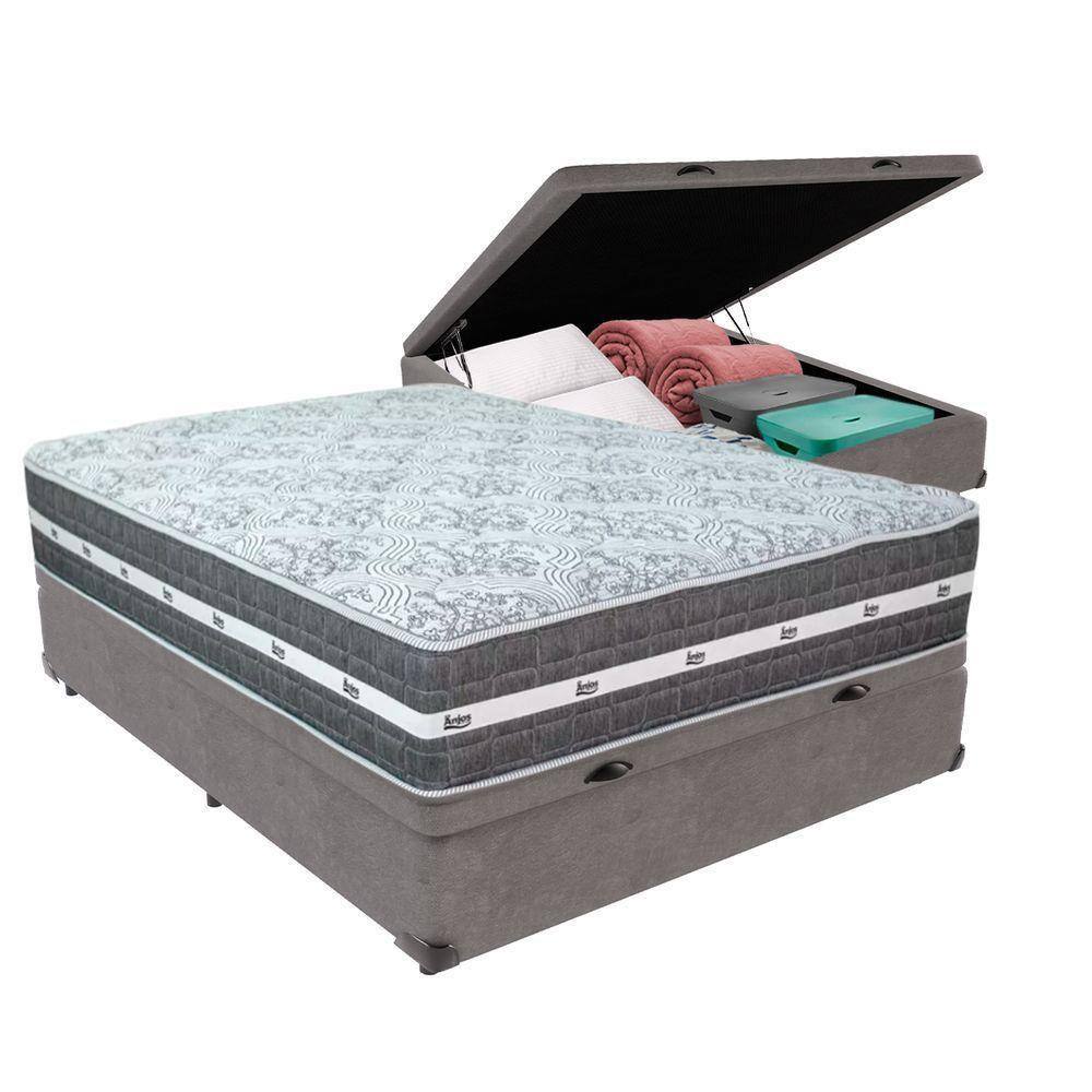 Cama Box Com Baú Cinza E Colchão Casal Black Grafit Anjos