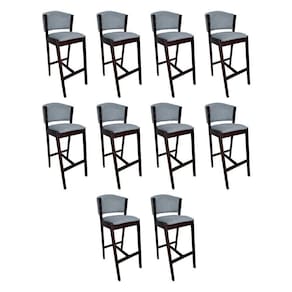 Kit 10 Banquetas Alta De Madeira Maciça Castanho Premium Ana Com Encosto Linho Cinza - Cor: Cinza