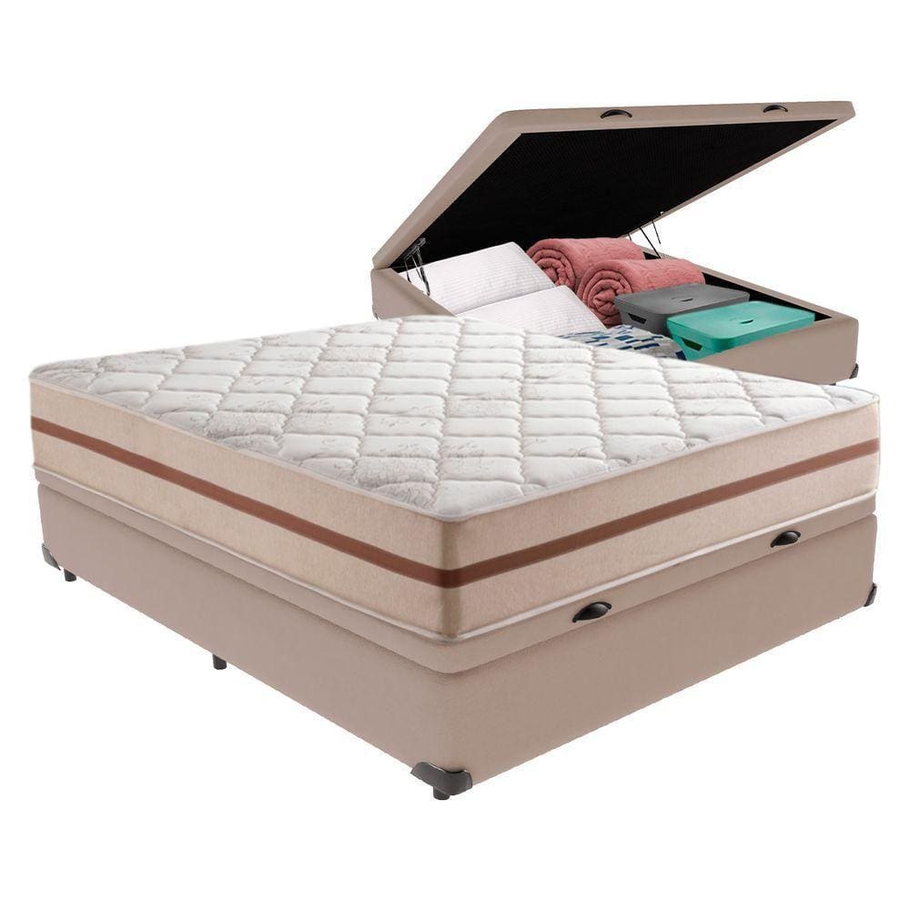 Cama Box Com Baú Bege E Colchão Casal Classic Anjos