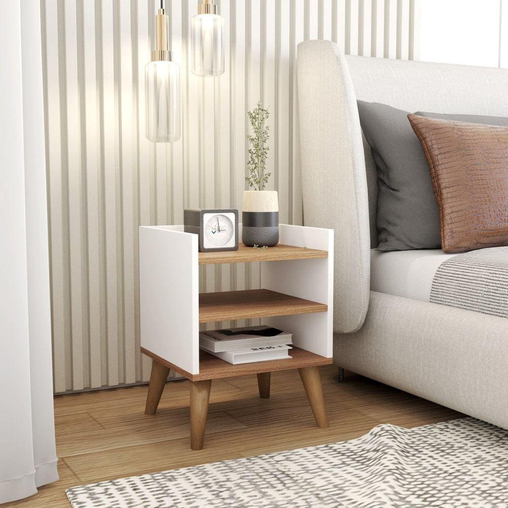 Mesa De Cabeceira Retrô Pés Palito De Madeira Mesinha Lateral Branco + Freijó