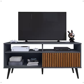 Rack Bancada Home Samba Estante Tv 55 Polegadas Nicho Organizador Porta Correr Sala Quarto Pequeno Retrô - Cinza/Ripado - RPM