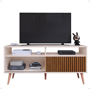 Rack Bancada Home Samba Estante Tv 55 Polegadas Nicho Organizador Porta Correr Sala Quarto Pequeno Retrô - Off White/Ripado - RPM