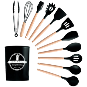 Kit Utensílios Cozinha 12 Peças Silicone Antiaderente - Preto