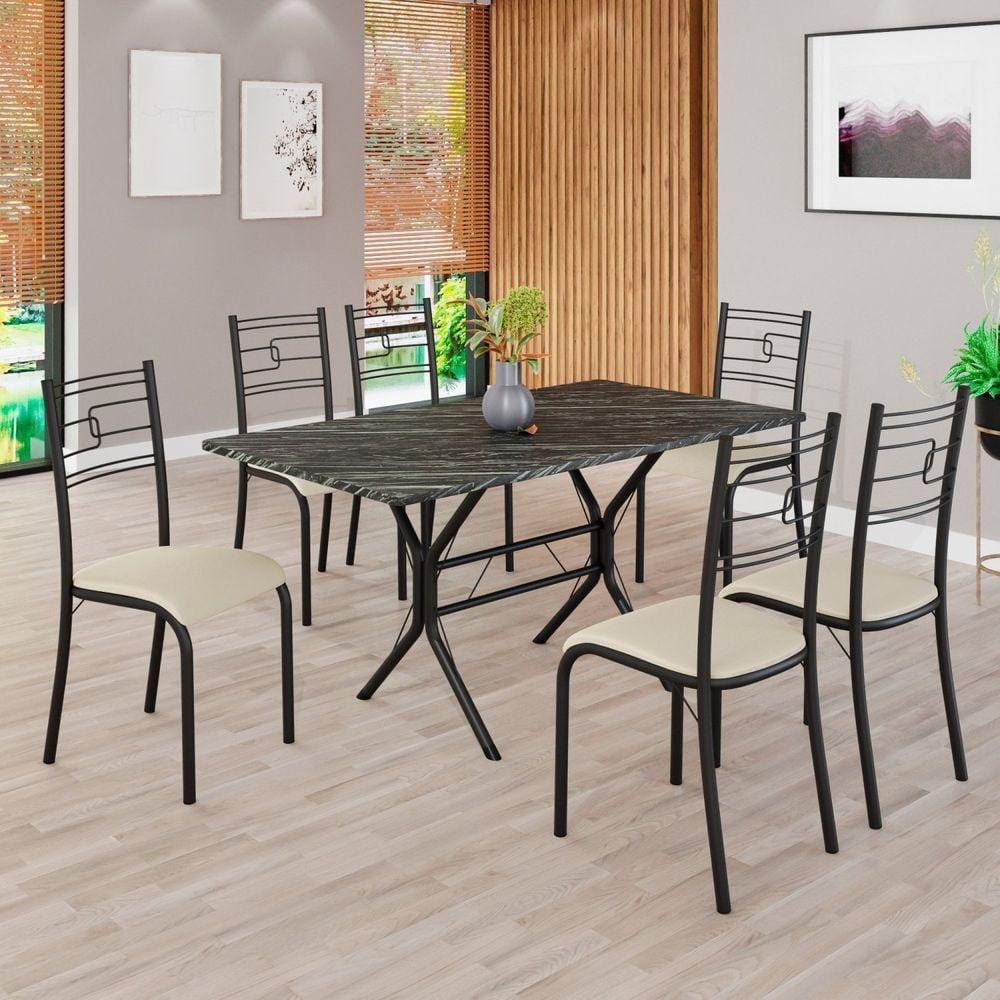 Conjunto Sala de Jantar Mesa Retangular 140x75cm Tampo Madeira Mdp Ardósia Indiana 6 Cadeiras Paraty Creme / Preto Fosco