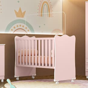 Berço Simples Doce Sonho 1 c/ rodízios Qmovi Rosa Acetinado