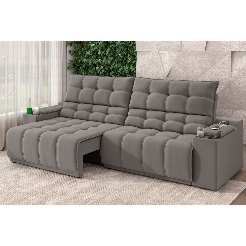 Sofá Connect Premium 2,30m Retrátil/Reclinável com porta copos e entrada USB Suede Cinza - XFlex Sofás