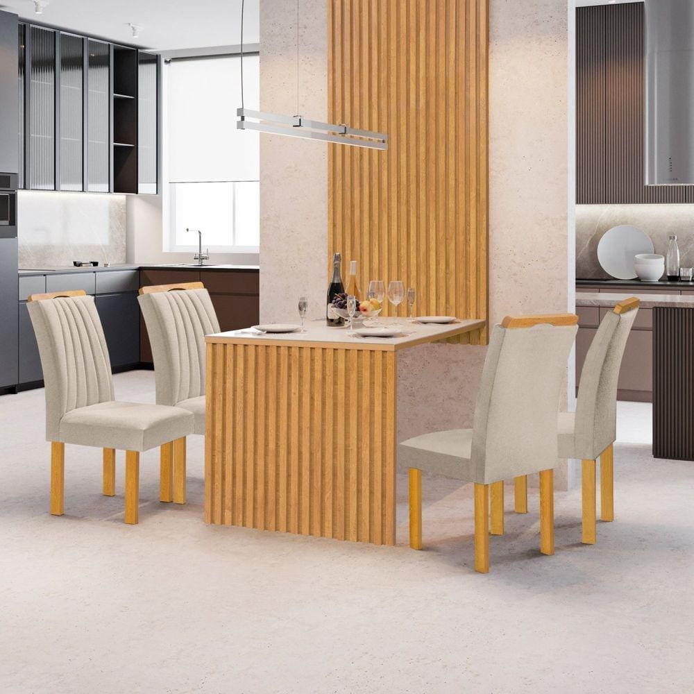 Conjunto Mesa Bella Ripada 120cm com 4 Cadeiras Arizona Tampo Bella com Vidro Cinamomo/Off White/Boucle Bege