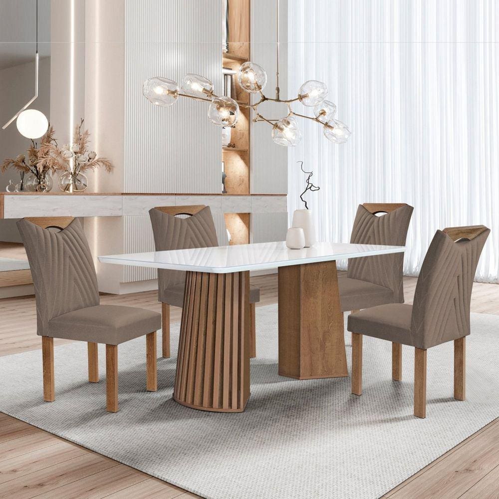 Conjunto Mesa Stella Ripada 120cm com 4 Cadeiras Stella Tampo Smart Plus com Vidro Chocolate/Off White/Veludo Bege Escuro