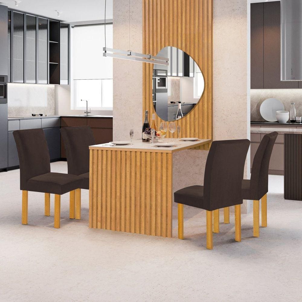 Conjunto Mesa Bella Ripada 120cm com Painel Espelhado Tampo Bella com Vidro 4 Cadeiras Canela Cinamomo/Off White/Veludo Marrom