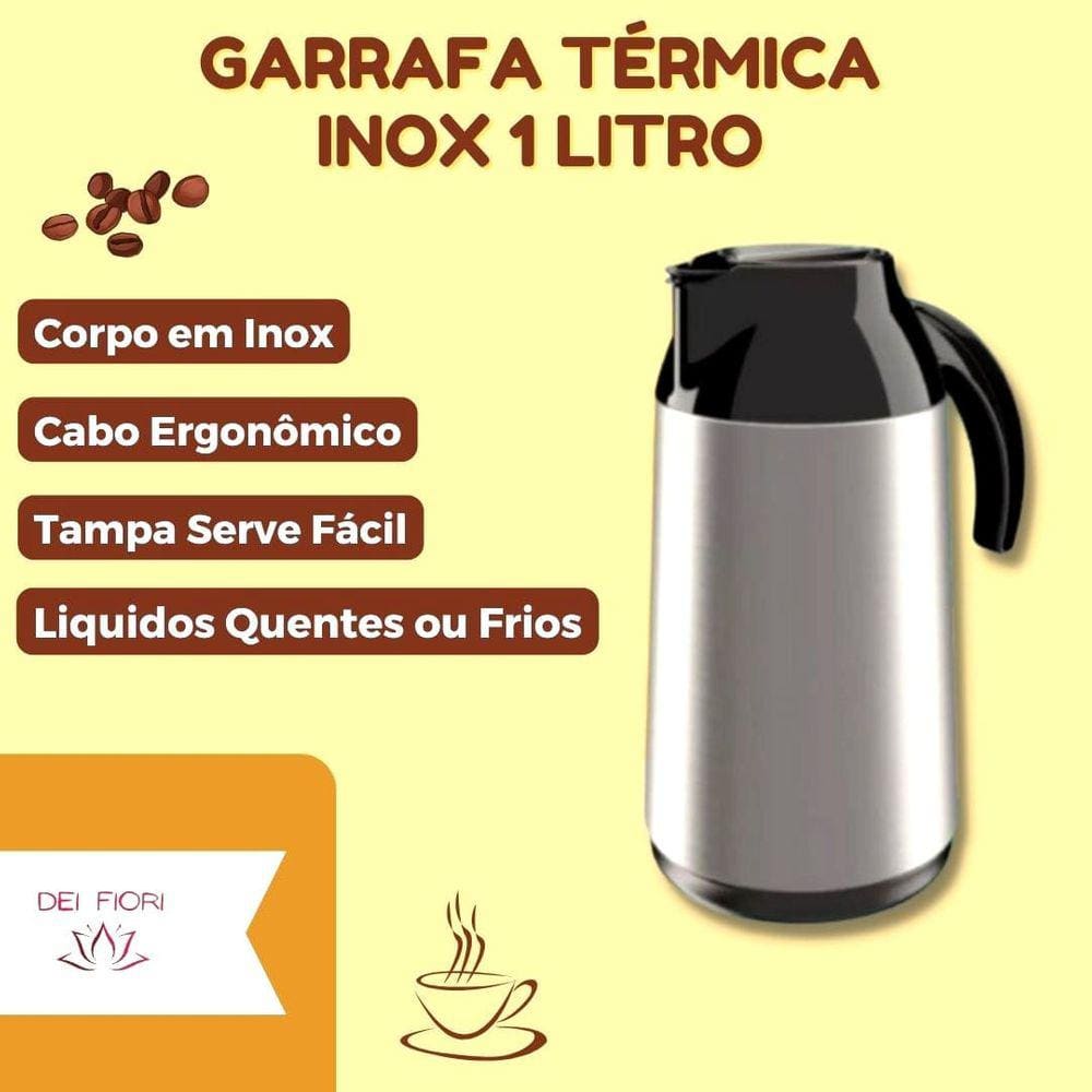 Garrafa Termica 1 Lt Inox Cafe Leite Chá Água Chimarrao Terere Chocolate Quente Frio Casa Escritório Cabo Ergomomico