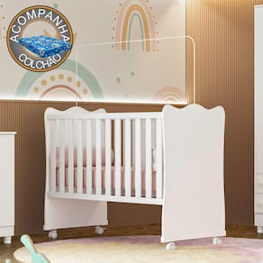 Berço Simples Doce Sonho 1 c/ rodízios Qmovi Branco + Colchão Ortobom